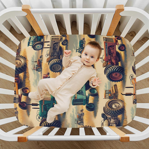 YANENDIE 52 28 Inch Vintage Farm Tractors Crib Sheets - Boys & Girls Cotton Crib Sheet for Standard Crib and Toddler