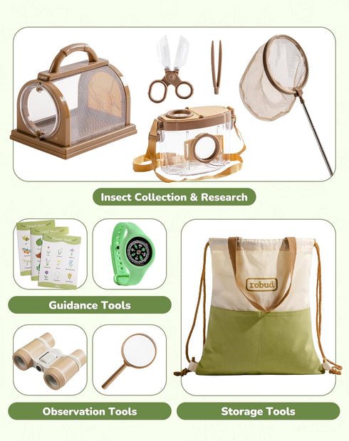 Set NatureWRP30 ROBUD Upgraded Kids Explorer Kit, Bug Catcher Kit with Wild Adventure Binoculars, Green Outdoor