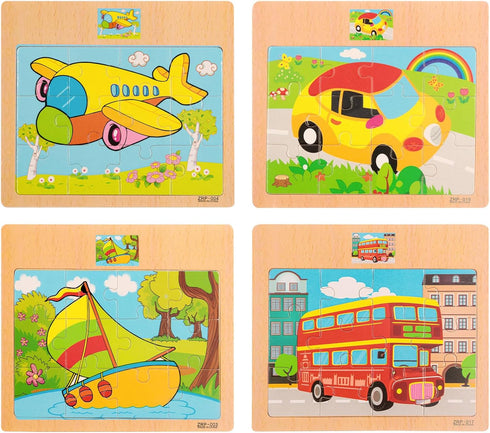 Wooden Jigsaw Puzzles Set for Kids Age 2-5, 12 Piece Colorful Transportation Educational Puzzles (4 Puzzles)