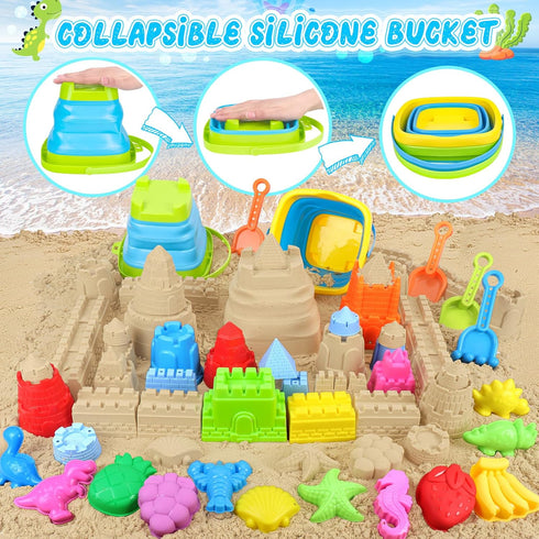 Set Set, 3-12 RACPNEL Collapsible Beach Toys for Kids Toddlers, Travel Beach Sand Castle Kits with Mesh Bag & Molds