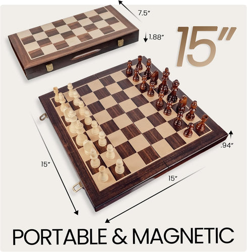 15" Set 2 Magnetic Wooden Chess - Folding Portable Travel Chess Board - Hand Carved Pieces - Foam Storage Slots - Extra