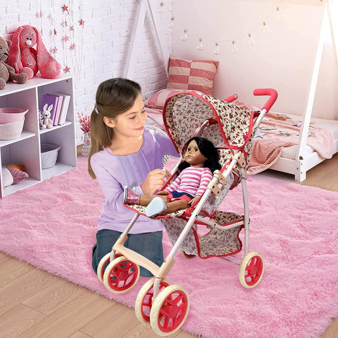 Baby Doll Stroller for Toddler Girls & Big Kids up to 8 Years - 28” Toy Stroller with Coral Floral Print