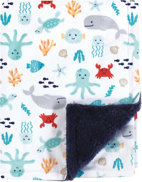 Hudson Baby Unisex Baby Plush Blanket with Furry Binding and Back, Sea