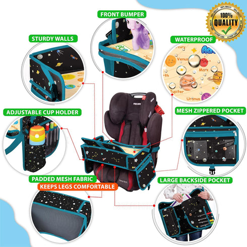 Waterproof Car Seat Tray for Toddler, Kids Travel Lap Desk with Storage for Road Trip Essentials, Black