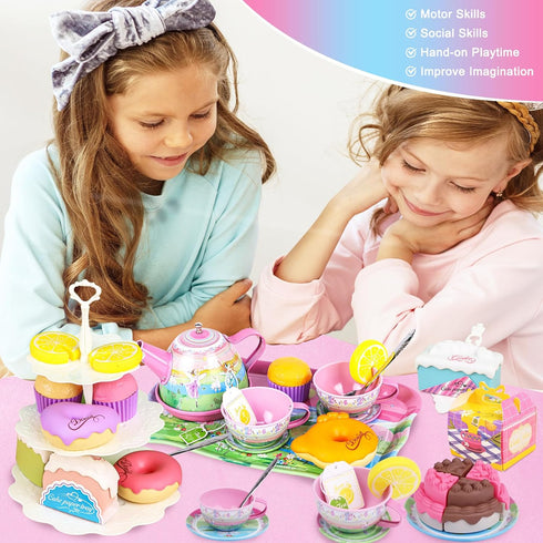 Set 50PCS 3-6 Tea for Little Girls,PRE-WORLD Princess Tea Party Time Toy Including Dessert,Cookies,Doughnut,Teapot Tray