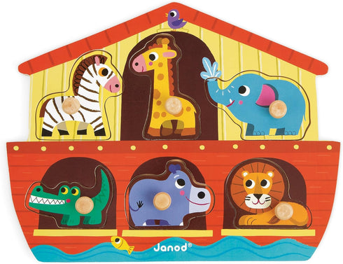 Janod 6 Piece Noah’s Ark Puzzle Themed Wooden Peg Colorful Jigsaw Puzzle - Encourages Shape Recognition, Dexterity, and Language Development - Preschool Kids and Toddlers 18 Months+