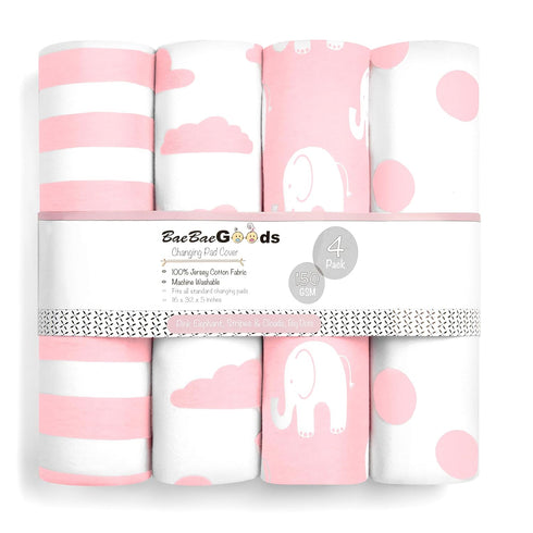 BaeBae Goods 4 Pack Premium Baby Girl Pure Jersey Machine Washable Pink and White Changing Table Cover Diaper Changing