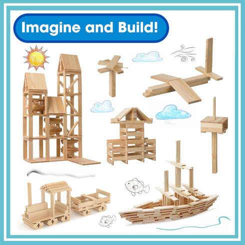 Set 200-Piece Wooden Building Blocks - Plank Block Construction Toys, STEM Educational Wood Toy for Kids and Toddlers