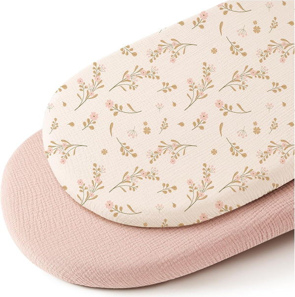 Konssy 2 Pack Muslin Fitted Bassinet Sheets, Soft Breathable Sheets for Baby Girl Boy, Fit for Bassinets (Pink, Floral)