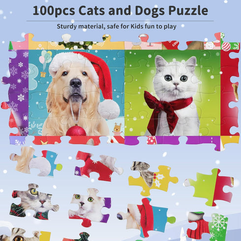 100 Piece Puzzles for Kids Ages 4-8 8-10, Christmas Puzzle Dogs and Cat Puzzles, Holiday Jigsaw Puzzles for Kids Adults, Puzzles for Kids Ages 3-5, Gifts Christmas Stocking Stuffers for Kids