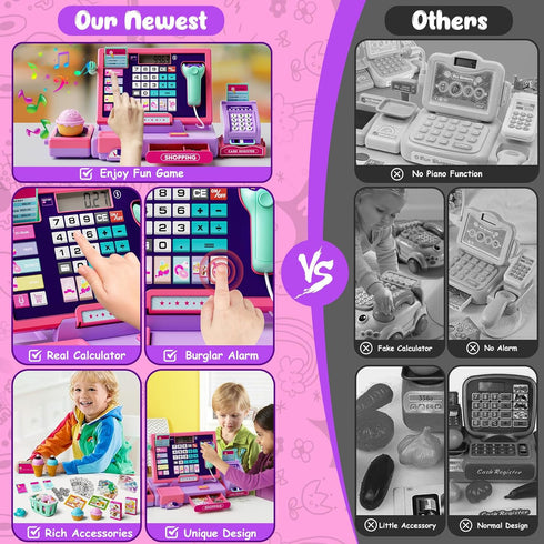 Upgraded Kids Cash Register Toy for Boys Girls, Toddler Pretend Play Cashier Register with Shop Accessories, Calculator