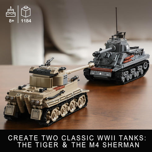 MISTBUY WW2 M4 1184 8-14 Army Tank Toys Building Kit Compatible with Lego, Create a German Tiger & an American Sherman