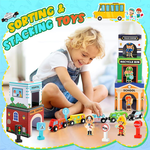 Community Baby Stacking Toys for Toddlers, Magnetic Wooden Cars & Garage Sorting Helpers Preschool Educational Learning
