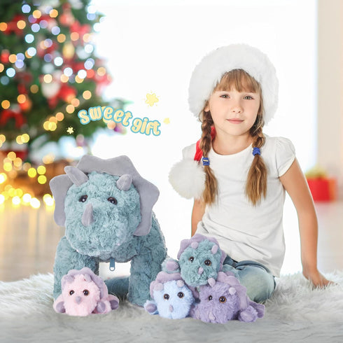 IKASA Triceratops Dinosaur Stuffed Animal Mom and Baby Plush Toy, Cute 18" Huggable Family Set for Kids