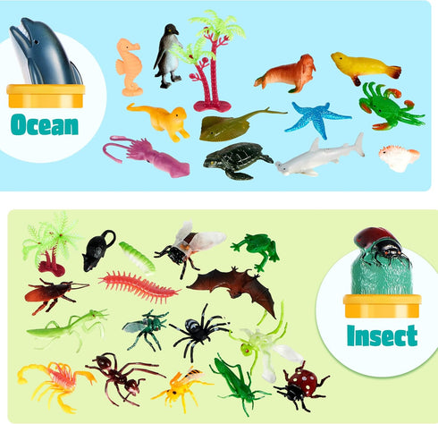 JOYIN 69Pcs Assorted Small Animal Figures, Mini Plastic Toy (Ocean, Zoo, Farm, Dinosaur, Insect) for Sensory Bin