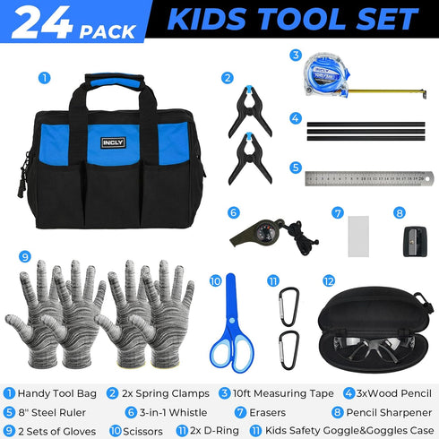 24 Set Hammer INCLY PCS Kids Real Tool with Tool Bag, Boys Small Real Hand Tools Kit, Children Construction Learning