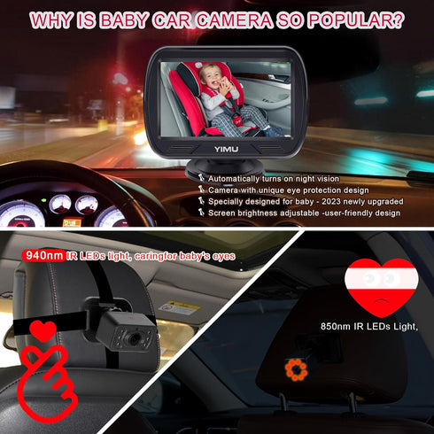 YIMU HD720P 360 4.3 inch (KB41) Rear Seat Baby Car Camera for Backseat, Car Headrest Quick-Install Monitor, Night
