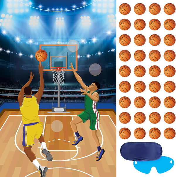 Basketball Party Game - Pin The Basketball on The Hoop with 36 Pcs Stickers, Large Poster for Kids Boys Men Birthday