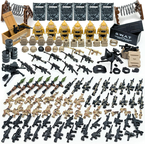 Military Weapon Pack Army Accessories Kits - 200+ pcs Toys Include Camouflage Guns, Shields, E.O.D Suits for Building