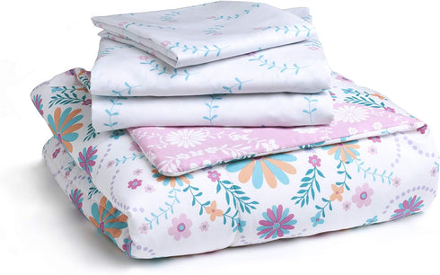Set 4 Delta Children Toddler Bedding | Girls Piece Collection | Fitted Sheet, Flat Top Sheet w/Elastic Bottom, Fitted
