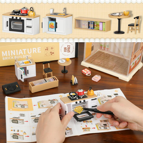Kitchen Miniature House Kit, Mini Model Kits with Home Decor Furniture and LED, DIY Dollhouse Kit for Adults Teens