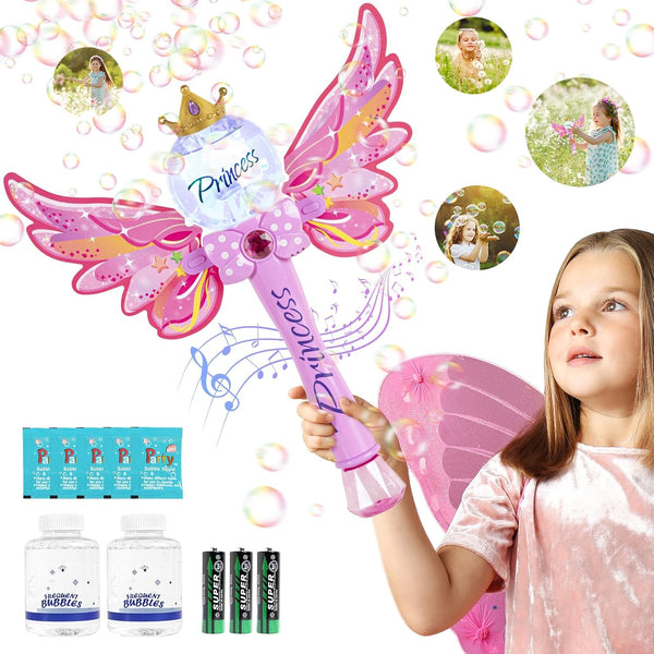 Princess Magic Bubble Wand Blower for Kids, Musical & Light Up Automatic Bubble Machine, Outdoor Toy for Girls (Pink)