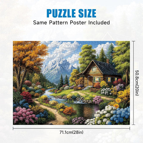 1000 Piece Jigsaw Puzzle for Adults, Mountain Cabin Landscape with Stream & Flowers, Back with Letters, Ideal for Home
