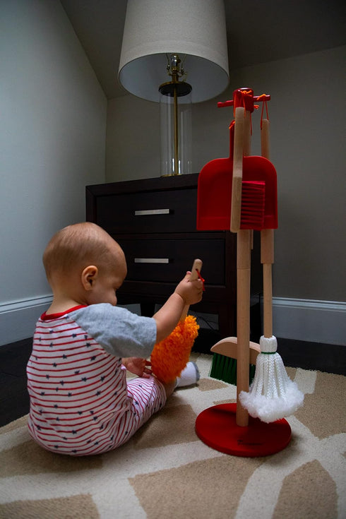 Set 6 Color,10071 JustForKids Wooden Detachable Kids Cleaning - Duster, Brush, Mop, Broom and Hanging Stand Play