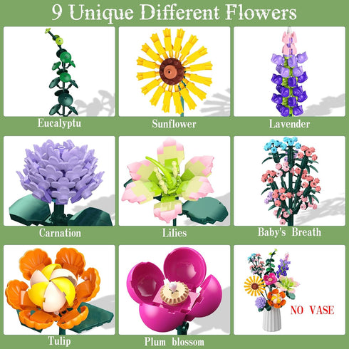 Booyuer Set, (858Pcs) Flowers Bouquet Building DIY Home Offic Botanical Bouquet Decoration Kit, Creative Gift for Mom
