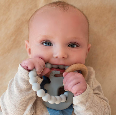 Nuby Elephant Teether Ring: Natural Wood & Silicone, Gray, 3 M+