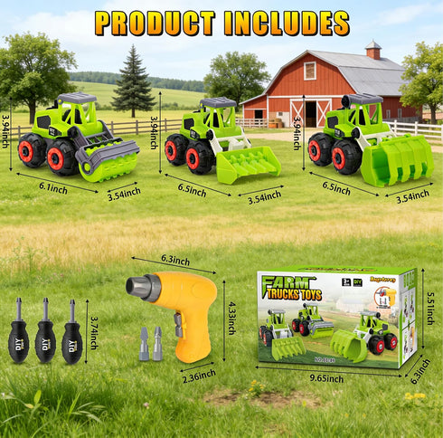 Take Apart Farm Trucks Toys for Kids Boys, DIY STEM Building Construction Toys with Electric Drill & Color Box, Gift