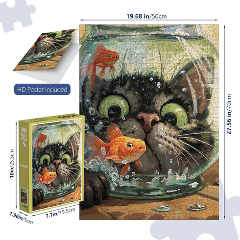 1000 27.56 19.68 Inches, Curious Cat Fish Jigsaw Puzzles Pieces for Adults -Challenging Funny Kitten Terrified Fish