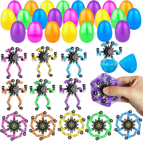 Bailiyake 24 Set Prefilled Easter Eggs with Fingertip Spinner Sensory Toys,Transformable Chain Robot