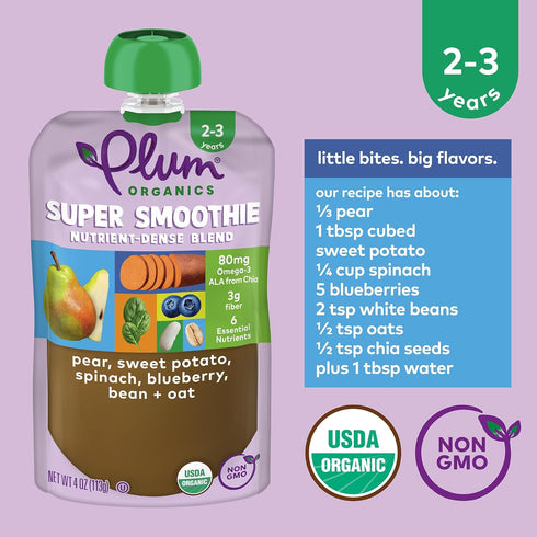 Plum Organics Super Smoothie Organic Toddler Food, Pear, Sweet Potato, Spinach, Blueberry, Bean, Oat, 4 oz (Pack of 4)