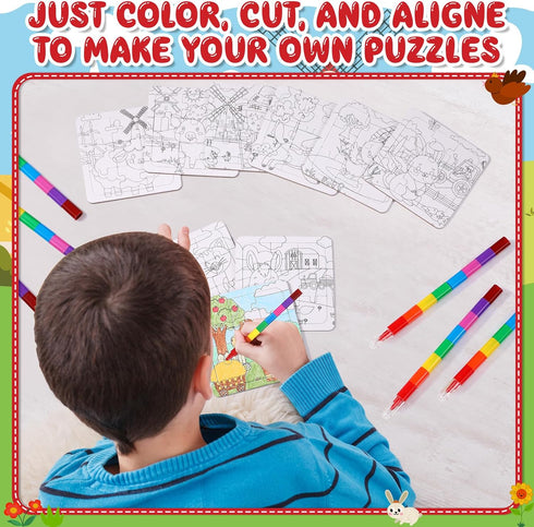 Fullhawl 12 Sets 12 12 Farm Animal Puzzles Barnyard Color Your Own Puzzles DIY Barn Theme Jigsaw Crafts with Stackable