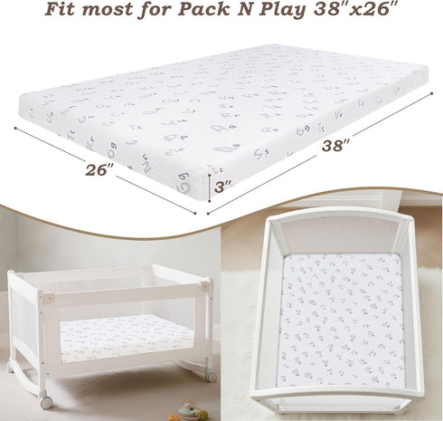 Pack 38"x26"x3'' Pack and Play Mattress - N Play Mattress Pad with Breathable Removable Cover - Dual-Sided Memory Foam