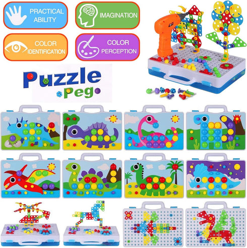 224 4-8, Set 2D/3D 5 6 7 8 9 10 PCS STEM Building Toys for Kids Ages Creative Mosaic Drill with Electric Drill