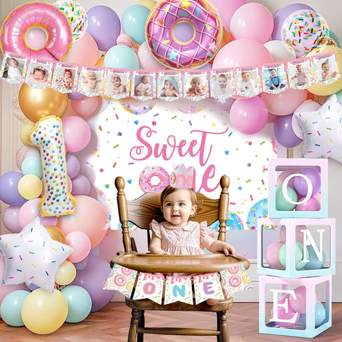 SNLN 1st Sweet One Birthday Party Decorations, First Birthday Decorations for Girl, Balloon Box Photo Banner Donut Foil