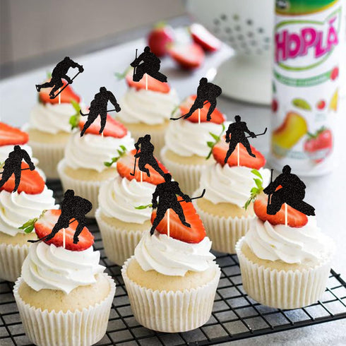 24 PCS Hockey Cupcake Toppers, Black Glitter Hockey Players Picks for Baby Shower and Birthday Party Decorations
