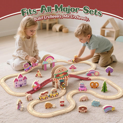 Set 2-4, Set 3-5 Lehoo Castle Wooden Train for Toddlers Burger Theme Train Track Compatible with Major Brands