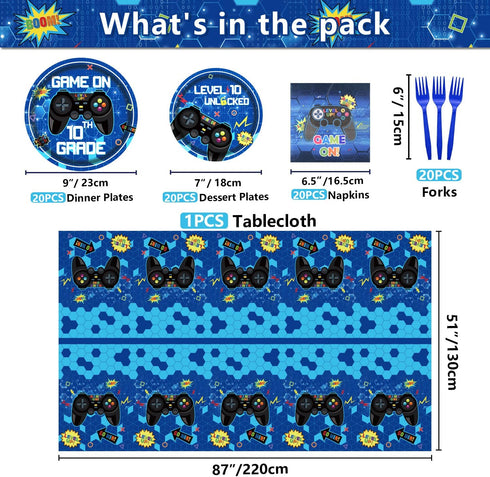 10th Birthday Decorations for Boys, 81 Pcs Level 10 Video Game Party Supplies, Serves 20 with Plates Napkins Forks