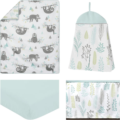 Set 4 Sweet Jojo Designs Blue and Grey Jungle Sloth Leaf Baby Unisex Boy or Girl Nursery Crib Bedding - Pieces