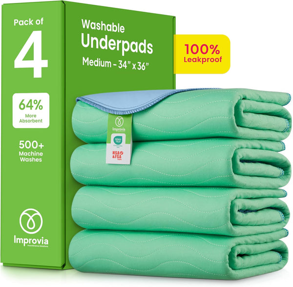 IMPROVIA Washable Underpads, 34" x 36" (Pack of 4) - Heavy Absorbency