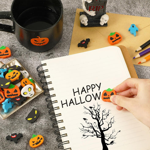 JUNEBRUSHS 65 Pcs Halloween Mini Erasers for Kids, Cute Bulk Erasers for Halloween Party Favors, Fun Ghost Bat Pumpkin