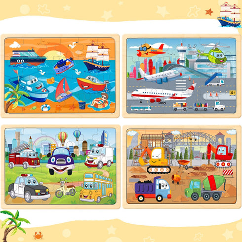 Puzzles for Kids Ages 4-6 - 4 Pack Wooden Jigsaw Puzzles, 24 Pieces Car Puzzle Set for Boys and Girls