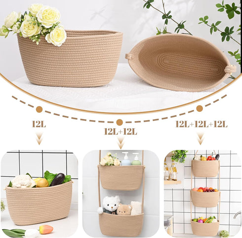 3-Tier 4 Hanging Basket, Wall Baskets, Over the Door Organizer with Hooks, Hanging Baskets for Organizing, Woven