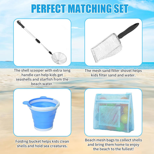 5 2 Summer PCS Shelling Tools for Beach Include PCS Seashell Bag, Mesh Sand Sifter Shovel, Foldable Beach Bucket