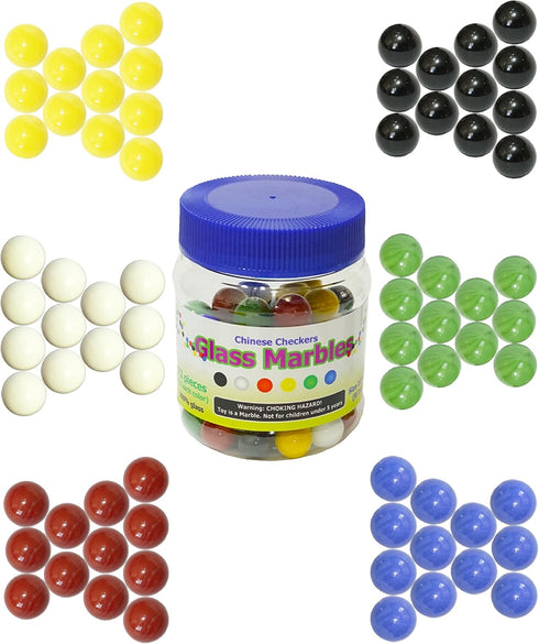 Chinese Checkers Glass Marbles Set of 72, 12 Each Color, Size 9/16” (14mm) with Practical Container