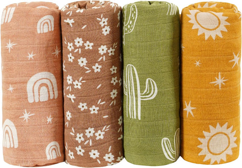 CoolaPeach 4 Set 120x110cm Muslin Swaddle Blankets for Newborn Baby Boys, Girls,Receiving Blankets-Cute Soft Print Baby