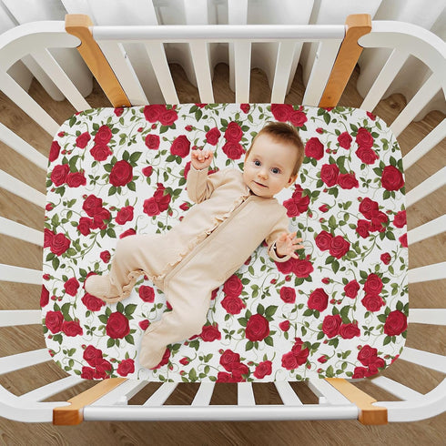 Vdsrup 39 27 5In Crib Sheets for Boys Girl Red Roses Green Leaves Neutral Mini Crib Mattress Sheets Fitted, Toddler
